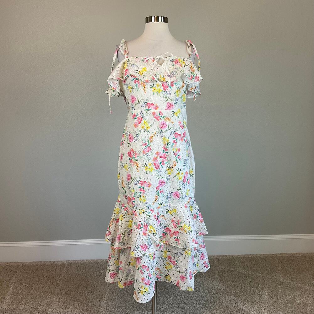 Yumi Kim Floral Cotton Eyelet Lace A-Line Midi San Juan Dress White Size 10 - Picture 2 of 11